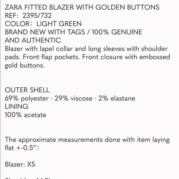 NWT ZARA FITTED BLAZER WITH GOLDEN BUTTONS LIGHT GREEN - Picture 15 of 16